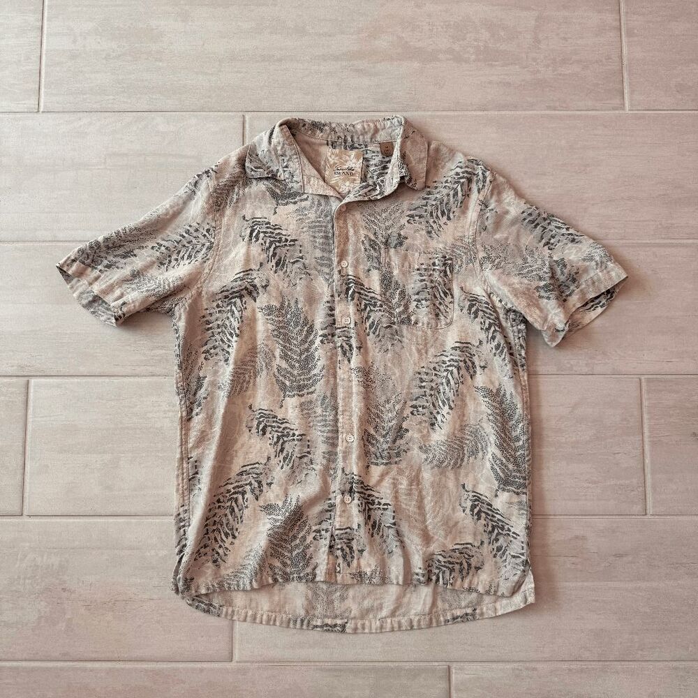 Tasso Elba Island Hawaii Blue Leaves Shirt Silk Linen Collar Short Sleeve Medium